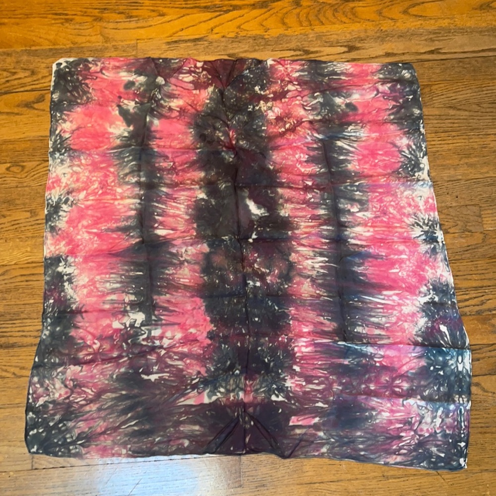 32” square silk tie dye print scarf.